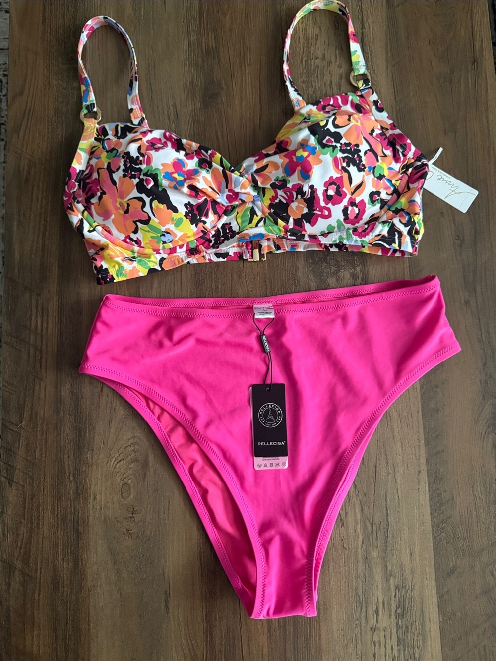 Floral  Bikini Top & Hot Pink High-Waist Bottoms